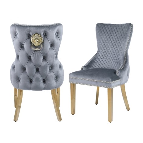 Victoria - 2x Grey Velvet Dining Chairs with Gold Legs and Gold Lion Knocker - Buttoned Back