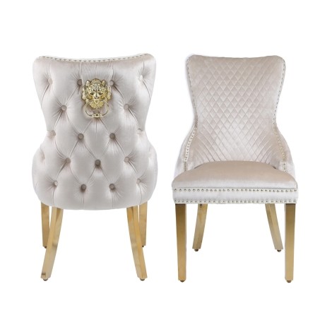 Victoria - 2x Cream Velvet Dining Chairs with Gold Legs and Gold Lion Knocker - Buttoned Back