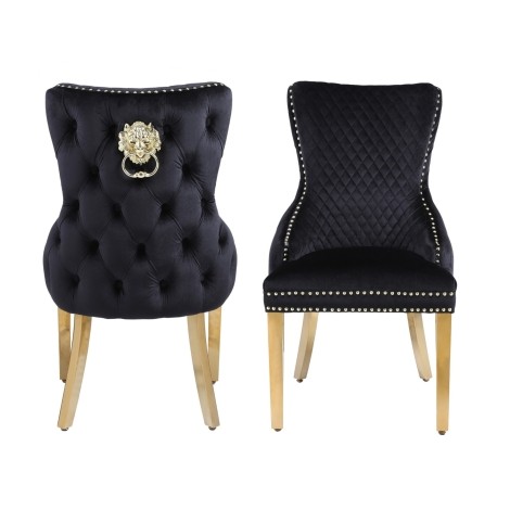 Victoria - 2x Black Velvet Dining Chairs with Gold Legs and Gold Lion Knocker - Buttoned Back