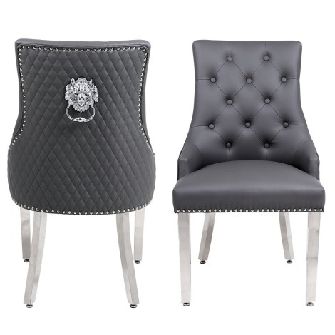 Pair Of -  Majestic -  Lion head Knocker - Quilted Back - Grey PU - Dining Chairs With Chrome Legs 