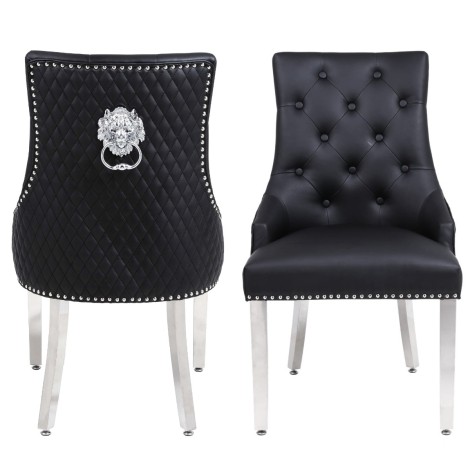 Pair Of -  Majestic -  Lion head Knocker - Quilted Back - Black PU - Dining Chairs With Chrome Legs 