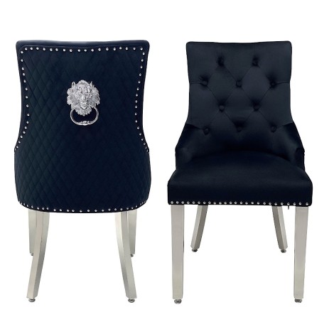 Pair Of -  Majestic -  Lion head Knocker - Quilted Back - Black Velvet - Dining Chairs With Chrome Legs 