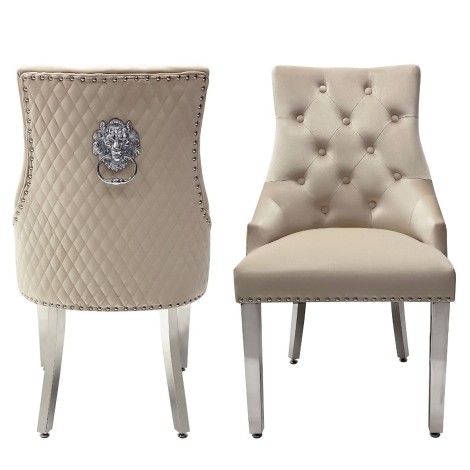 Pair Of -  Majestic -  Lion head Knocker - Quilted Back - Beige / Cream Velvet - Dining Chairs With Chrome Legs 