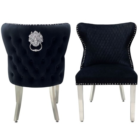 Pair Of -  Vicenza -  Lion head Knocker - Buttoned Back - Black Velvet - Dining Chairs With Chrome Legs 