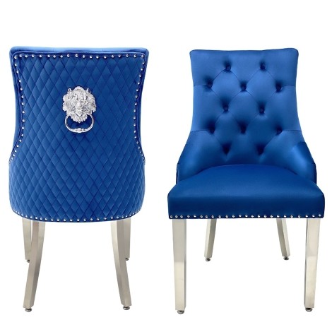 Pair Of -  Majestic -  Lion head Knocker - Quilted Back - Navy Blue Velvet - Dining Chairs With Chrome Legs 