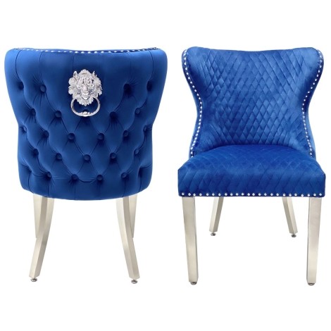 Pair Of -  Vicenza -  Lion head Knocker - Buttoned Back - Navy Blue Velvet - Dining Chairs With Chrome Legs 