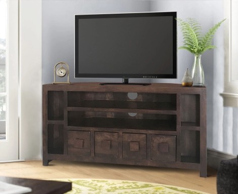 Dakota - Walnut Brown - Mango Wood - Corner TV Unit / Media Unit - 4 Drawers With Open Shelf