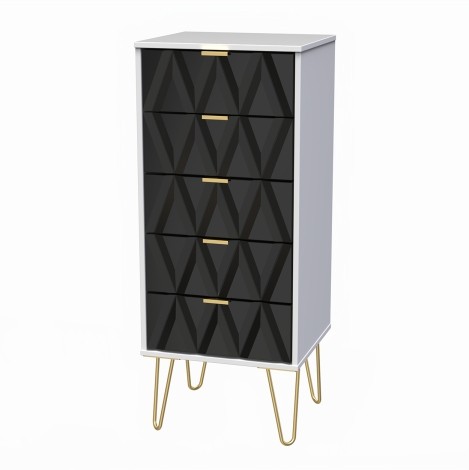 Diamond - Deep Black - Chest of 5 Drawers - White Matt Base