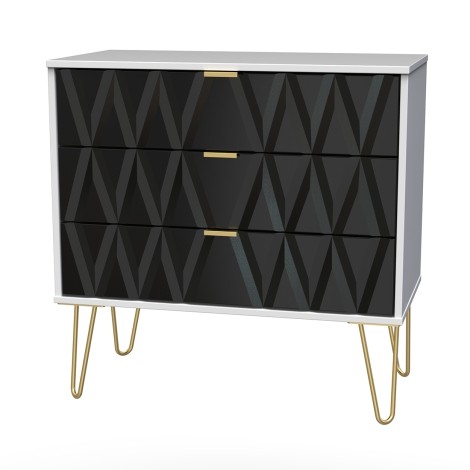 Diamond - Deep Black - Wide - Chest of 3 Drawers - White Matt Base