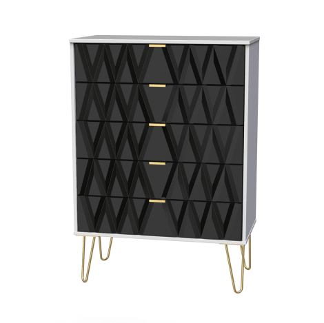 Diamond - Deep Black - Wide - Chest of 5 Drawers - White Matt Base