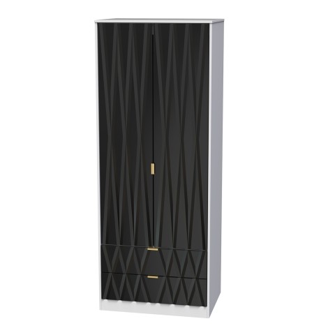 Diamond - Deep Black - 2 Door 2 Drawer - Double - Tall - Plain Wardrobe - White Matt Base