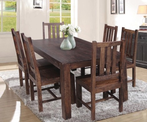 Dakota - Mango Wood - Large - 175cm - Fixed Top Dining Table & 6 Dakota - Slatted Back - Dining Chairs - Walnut Brown