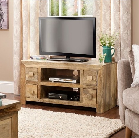 Dakota - Light Wood Tone - Mango Wood - 110cm - TV Unit / Media Unit With 4 Drawers and Open Shelf