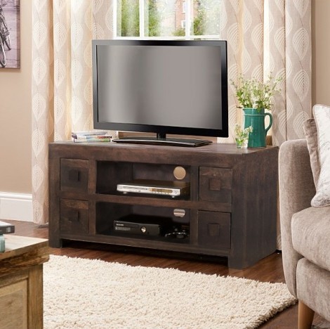 Dakota - Walnut Brown - Mango Wood - 110cm - TV Unit / Media Unit With 4 Drawers and Open Shelf