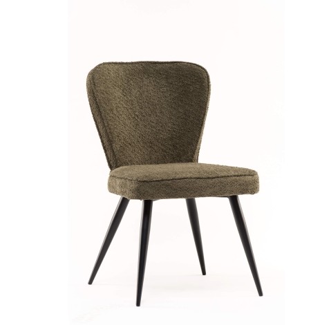 Pair Of - Flavia Dining Chair - Olive Fabric - Piping Design - Black Powder Coated Legs