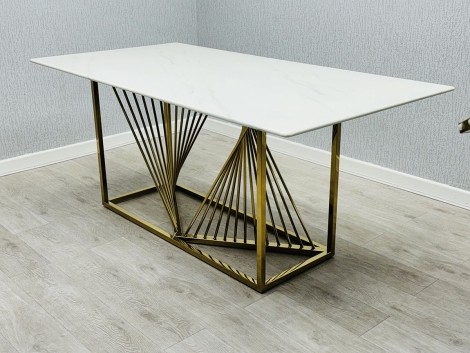 Amelia White Ceramic 1.8m Dining Table Gold Geometric Base