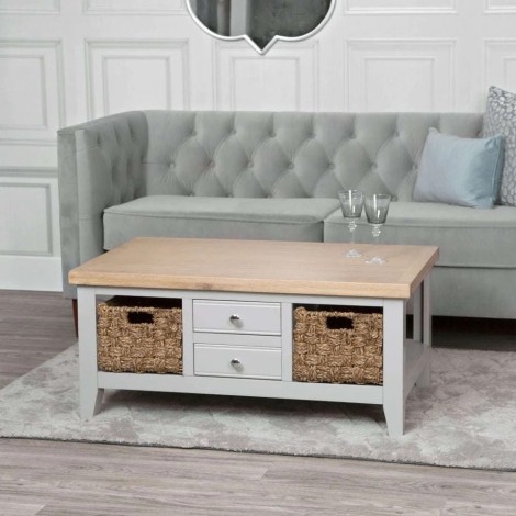 Eaton - Oak and Grey - Painted - 2 Drawer Coffee Table wIth Baskets