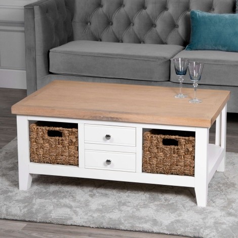 Eaton - Oak and White - Painted - 2 Drawer Coffee Table wIth Baskets