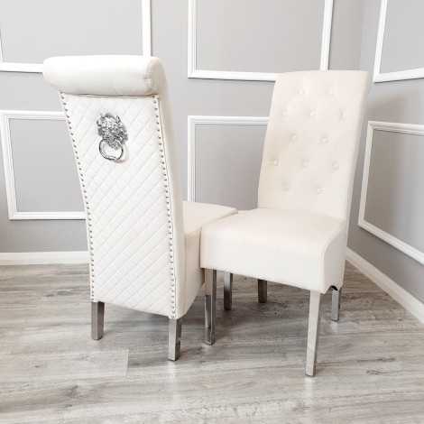 Pair Of Emma - Lion head Knocker - Quilted Roll Back - Cream / Beige Velvet - Dining Chairs With Chrome Legs