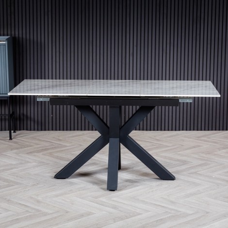 Arctic - Muse White - 140cm-180cm - Centre Extending Polished Ceramic Dining Table - Black Powder-coated Base