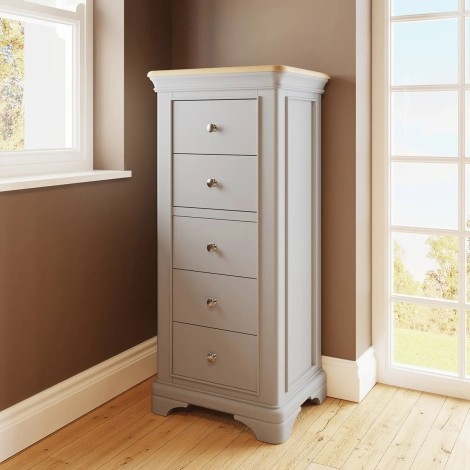 Faire - 5 Drawer Tallboy / Chest Of Drawers with Oak Top - Neutral Dove Grey Finish