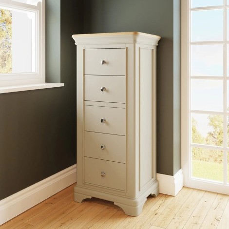 Faire - 5 Drawer Tallboy / Chest Of Drawers with Oak Top - Neutral Putty Cream Finish