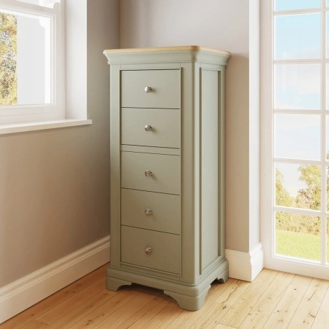 Faire - 5 Drawer Tallboy / Chest Of Drawers with Oak Top - Neutral Sage Green Finish