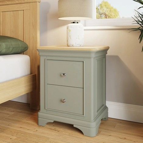 Faire - 2 Drawer Bedside Cabinet / Beside Table / Nightstand with Oak Top - Neutral Sage Green Finish