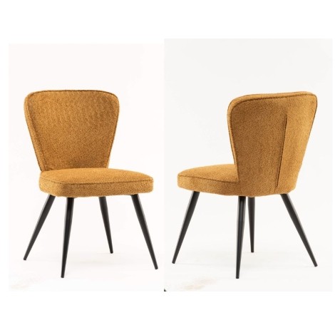 Pair Of - Flavia Dining Chair - Mustard Fabric - Piping Design - Black Powder Coated Legs