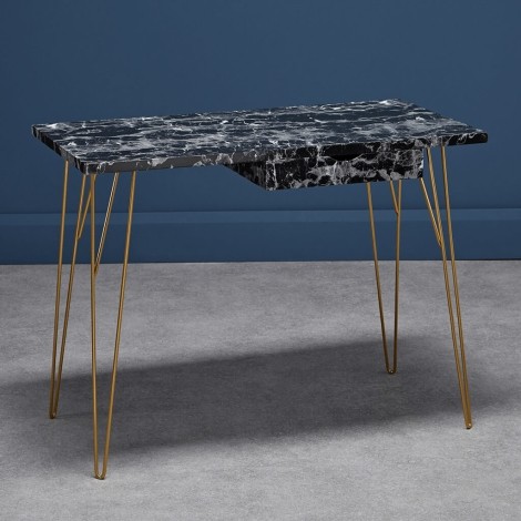 Fusion - Black Faux Marble 1 Drawer Multifunctional Desk - Gold Hairpin Legs