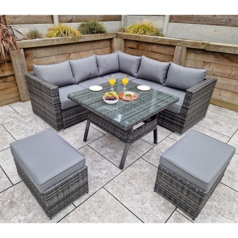 Georgia - Outdoor - Grey - Compact Corner Sofa and Dining Table with 2 Stools - 8mm Flat Weave UV Treated Wicker