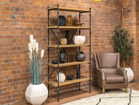 Ganton Reclaimed Pine - 4 Open Shelves - Large Bookcase - Black Iron Frame