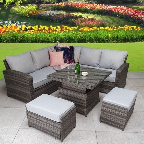 Grace - Outdoor - Grey - Corner Sofa and Glass Lift Up Top Dining Table and 2 Stools - 8mm Flat Weave UV Treated Wicker