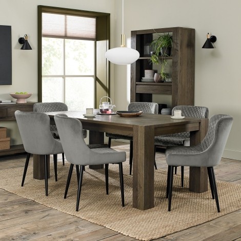 Logan - Fumed Oak - 6 Seater Rectangular Table & 6 Cezanne Grey Velvet Chairs - Black Legs