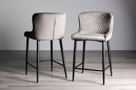 Cezanne - Upholstered Grey Velvet Fabric Bar Stool - Black Legs - Pair