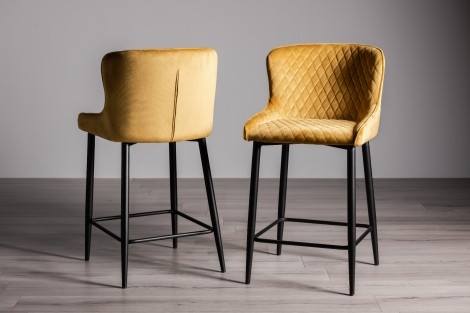 Cezanne - Upholstered Mustard Velvet Fabric Bar Stool - Black Legs - Pair