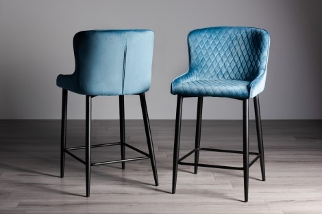 Cezanne - Upholstered Petrol Blue Velvet Fabric Bar Stool - Black Legs - Pair