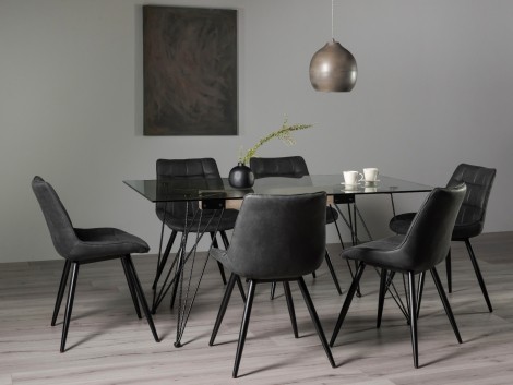 Miro- Clear Glass - Rectangular- 6 Seater Dining Table & 6 Dark Grey Faux Suede Fabric Chairs - Black Legs