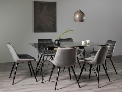 Miro- Clear Glass - Rectangular- 6 Seater Dining Table & 6 Grey Velvet Chairs - Black Legs