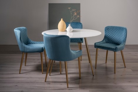 Francesca - White Marble Glass - Round - 4 Seater Dining Table & 4 Petrol Blue Velvet Fabric Chairs - Gold Legs