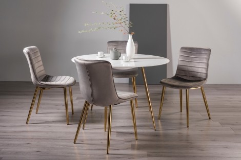 Francesca - White Marble Glass - Round - 4 Seater Dining Table & 4 Grey Velvet Chairs - Gold Legs