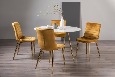 Francesca - White Marble Glass - Round - 4 Seater Dining Table & 4 Mustard Velvet Chairs - Gold Legs