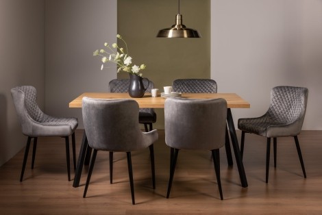 Ramsay Oak Melamine 6 Seater Table & 6 Cezanne Grey Velvet Chairs - Black Legs
