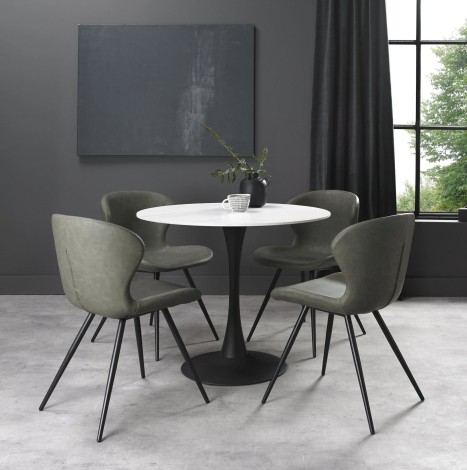 Bistro - Round Matte White Sintered Stone Dining Table - Sand Black Powder Coated Base