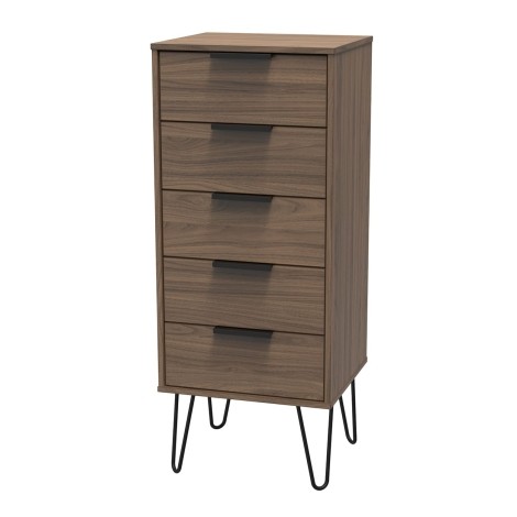 Hong Kong - Carini Walnut - Narrow - Chest of 5 Drawer - Black Hairpin Leg