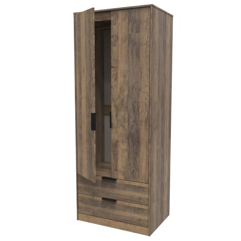 Hong Kong - 2 Door 2 Drawer - Plain - Tall - Double Wardrobe - Vintage Oak Finish - Black Handle