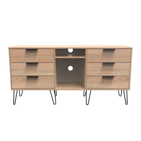 Hong Kong - Bardolino Oak - 6 Drawer - TV Unit - Black Hairpin Legs