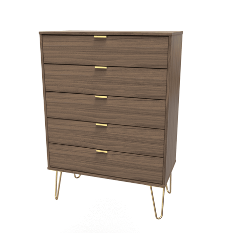 Hong Kong - Carini Walnut - Chest of 5 Drawer - Gold Hairpin Leg