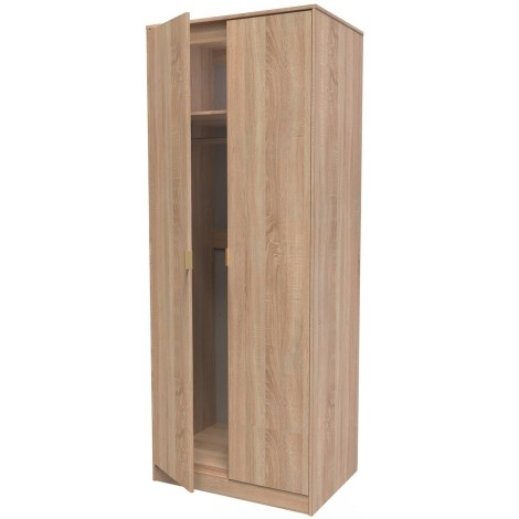 Hong Kong - 2 Door - Plain - Tall - Double Wardrobe - Bardolino Oak Finish - Gold Metal Handle