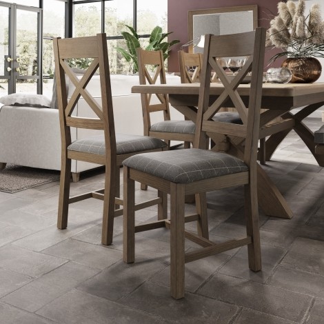 Pair Of - Hoxley - Smoked Oak - Cross Back Dining Chairs - Check Grey Fabric Seat